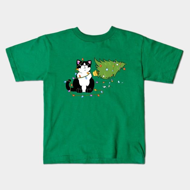 Christmas Tree Knocked Over By Tuxedo Cat Meowy Christmas Kids T-Shirt by xenotransplant